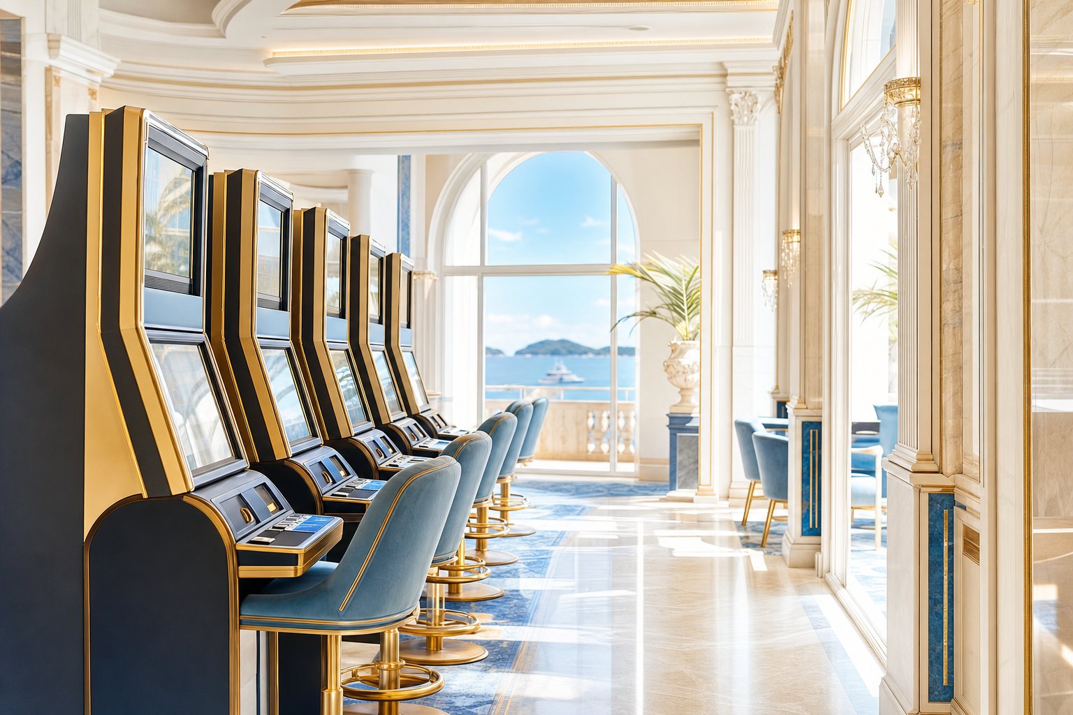 250 machines à sous du Palais d'Azur à Cannes, vue sur la baie